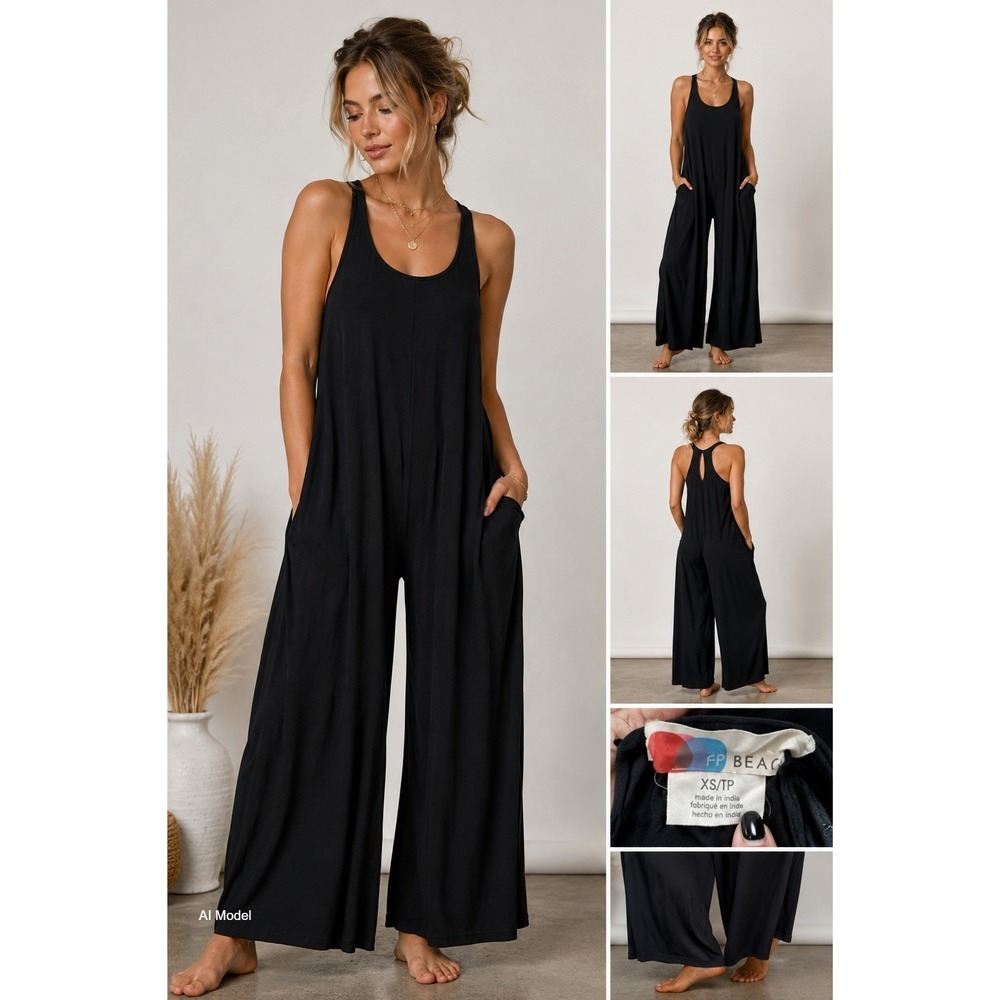 FP Beach Flowy Black Jumpsuit Womens XS Wide Leg Boho Lounge Romper Lagenlook